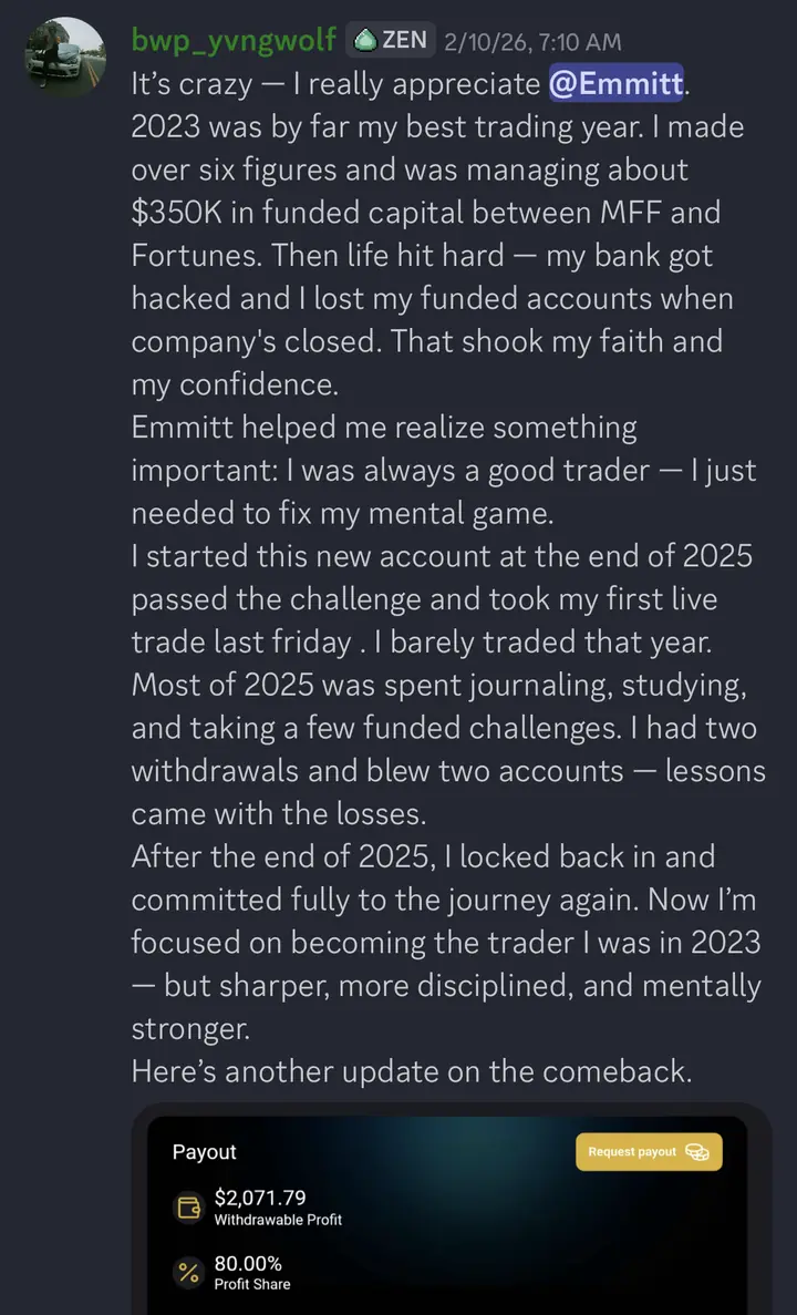 bwp_yvngwolf on his comeback, passing a challenge and a payout screen showing $2,071.79 withdrawable profit