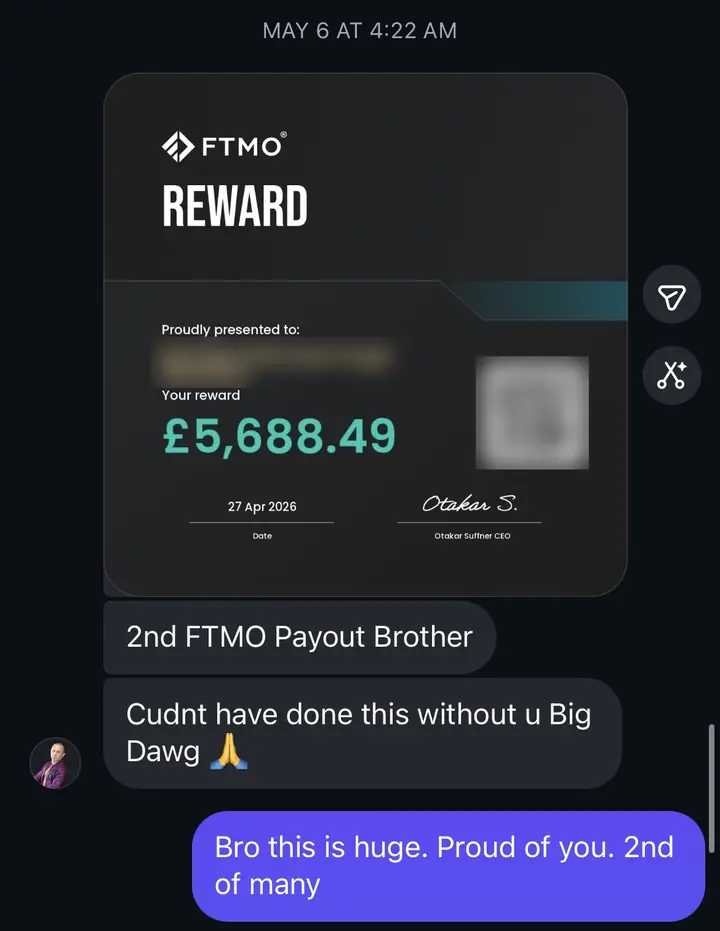 Instagram DM: 2nd FTMO payout, an FTMO reward of £5,688.49